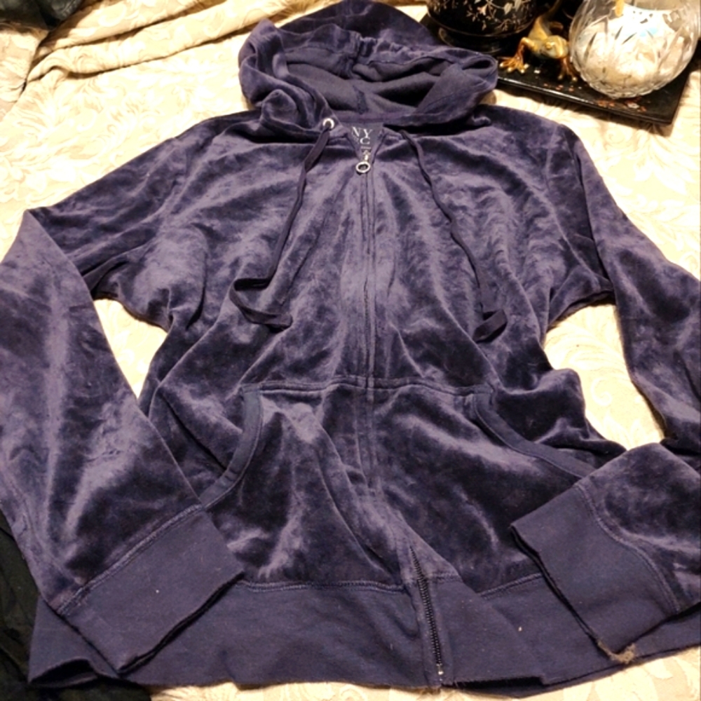 💜🍇💜 Awesome Cozy Rhinestone Deep Grape Purple Velvet Velour Hoodie Jacket - L - Picture 5 of 14